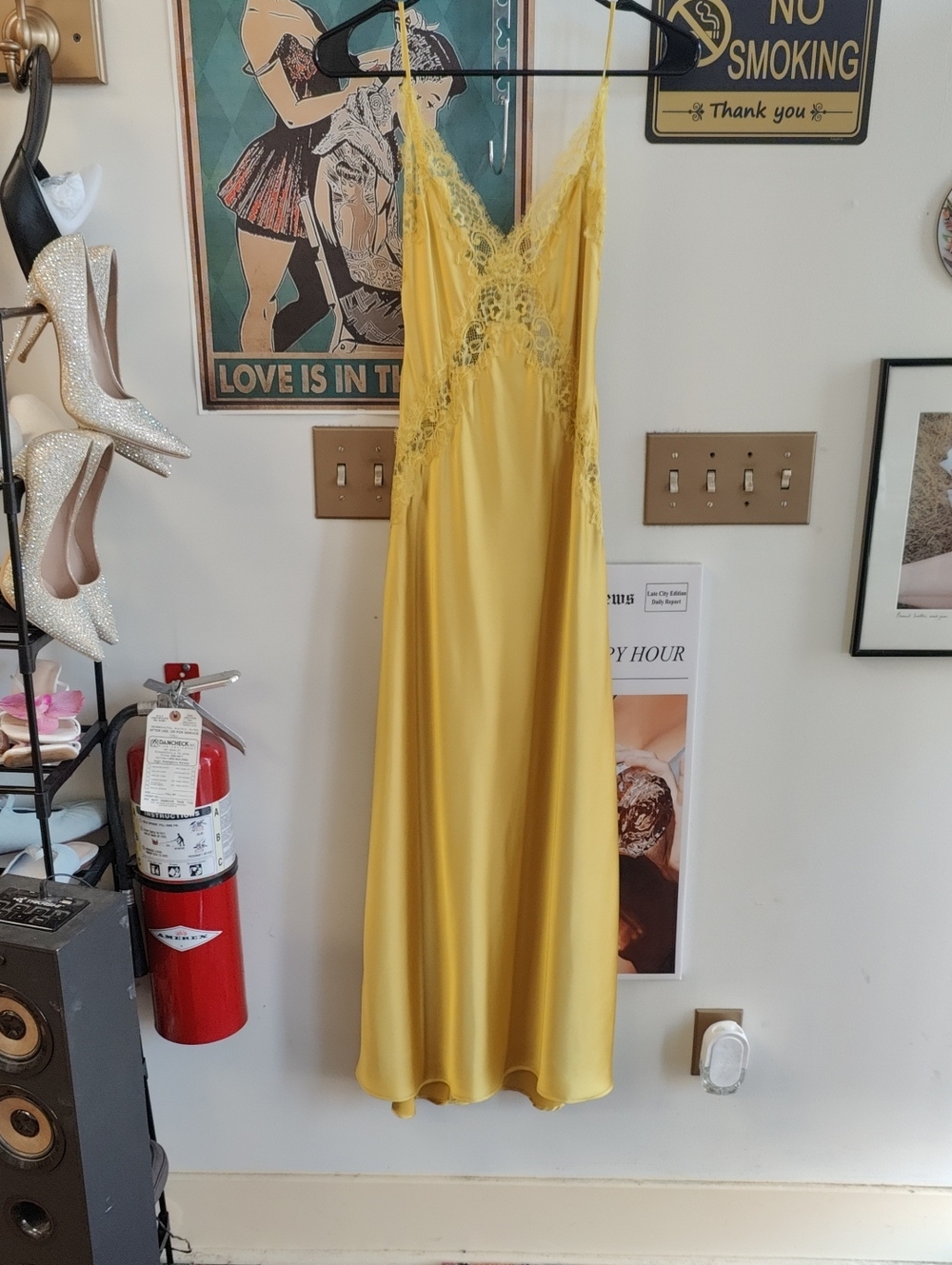 Zara Yellow Lace-Trim Satin Maxi Slip Dress